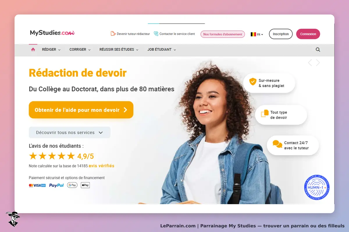 My Studies : page d'accueil avec une étudiante souriante et des services de rédaction de devoirs
