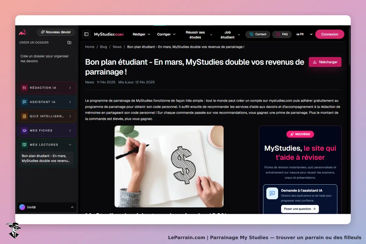 My Studies : page d'accueil avec un article sur le programme de parrainage et une illustration
