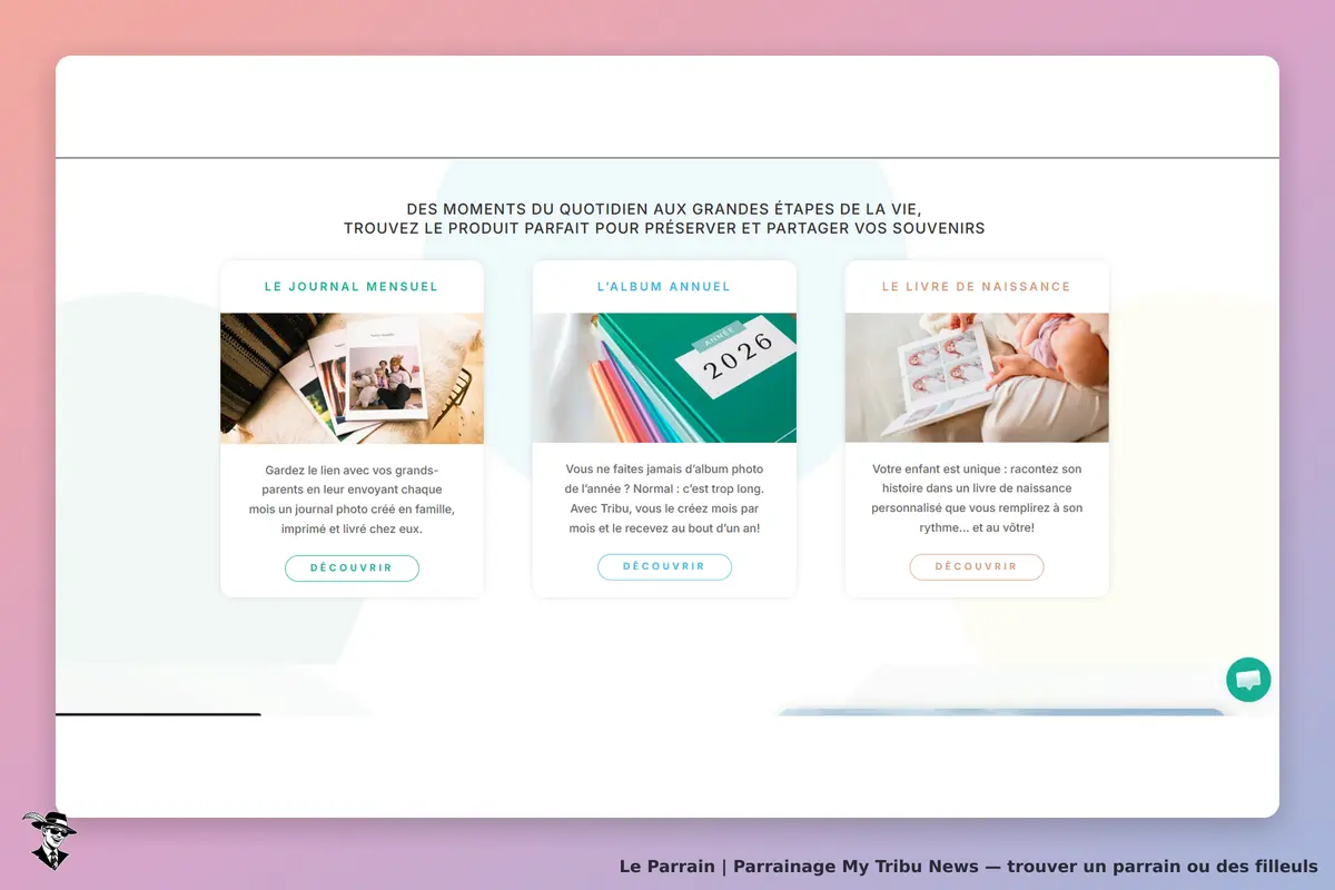 My Tribu News : page d'accueil présentant trois produits pour préserver des souvenirs familiaux