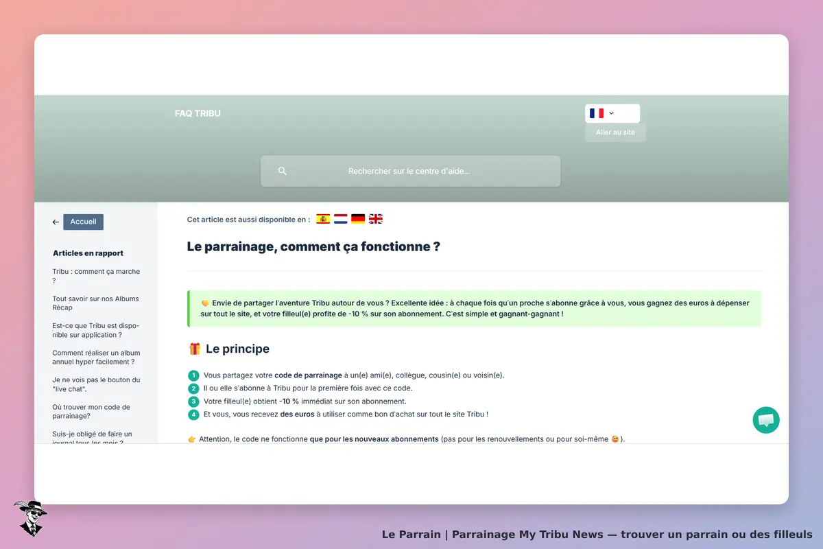 My Tribu News : page d'accueil avec FAQ sur le parrainage et ses principes explicatifs