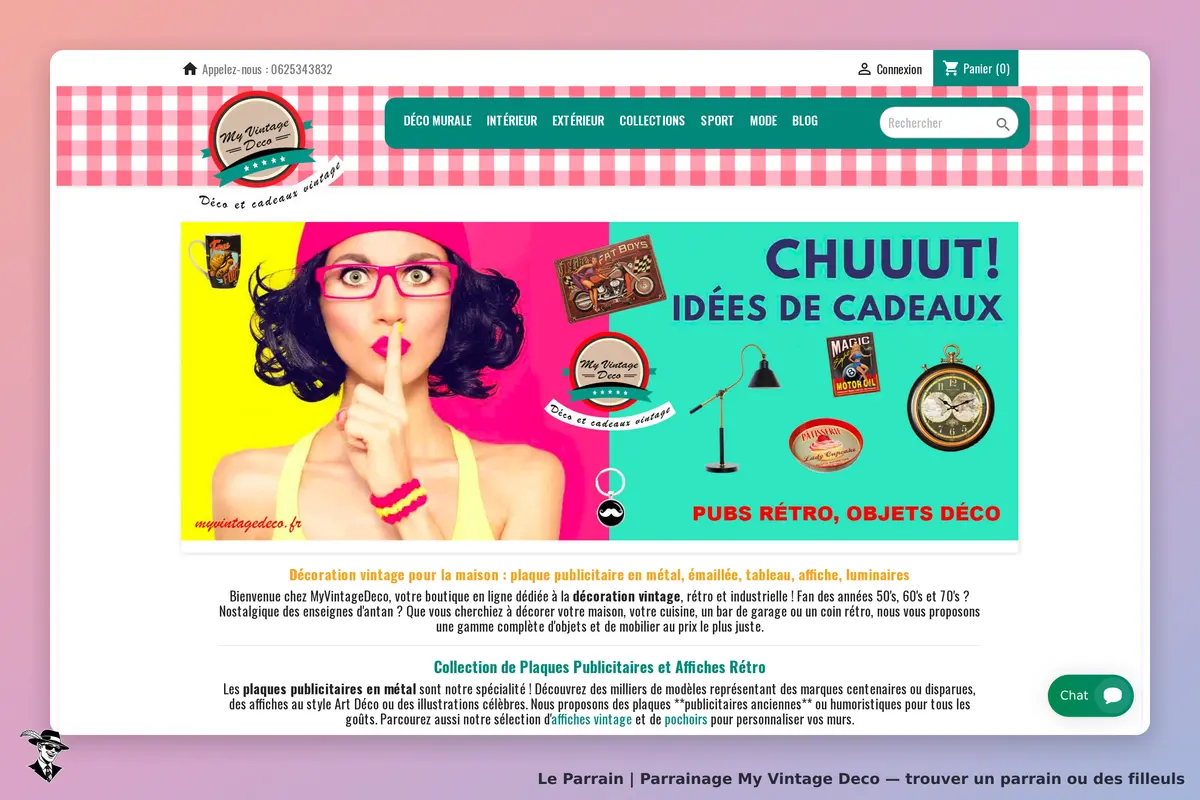 My Vintage Deco : page d'accueil avec produits rétro et message sur les idées de cadeaux