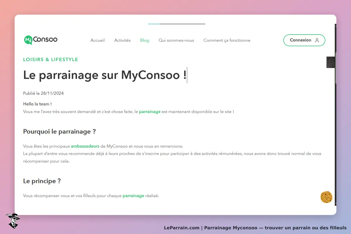 MyConsoo : page d'accueil présentant le parrainage et ses avantages, avec des sections explicatives