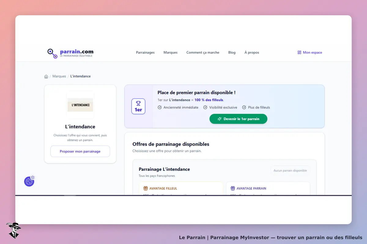 MyInvestor : parrain.com : page de parrainage pour L'intendance avec options et bouton pour devenir