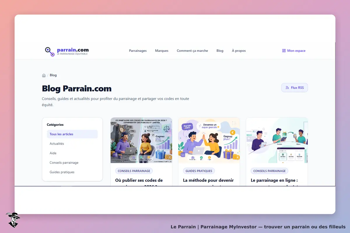 MyInvestor : page d'accueil du blog avec catégories et articles sur le parrainage