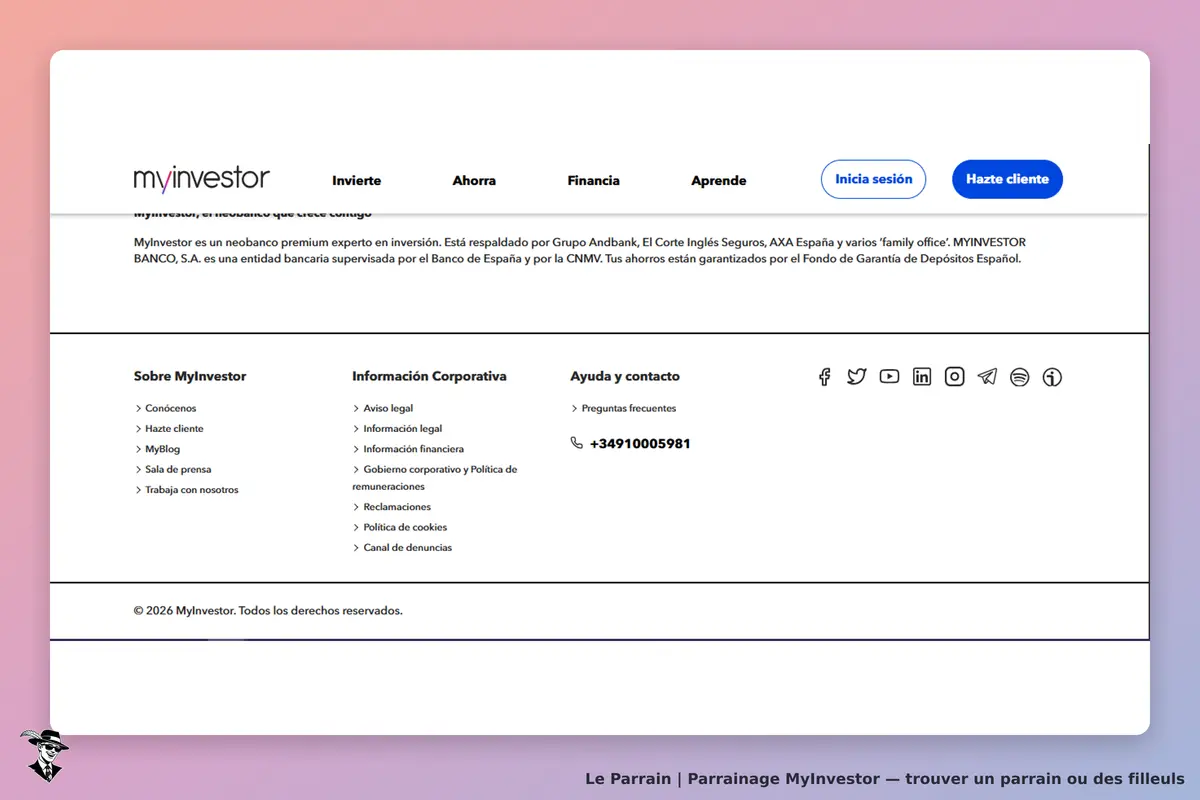 MyInvestor : page d'accueil avec informations et liens vers services et contacts en bas de l'écran