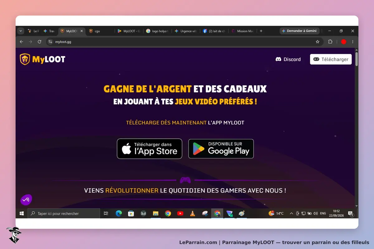 MyLOOT : page d'accueil avec un fond violet, texte promotionnel et boutons de téléchargement d'apps