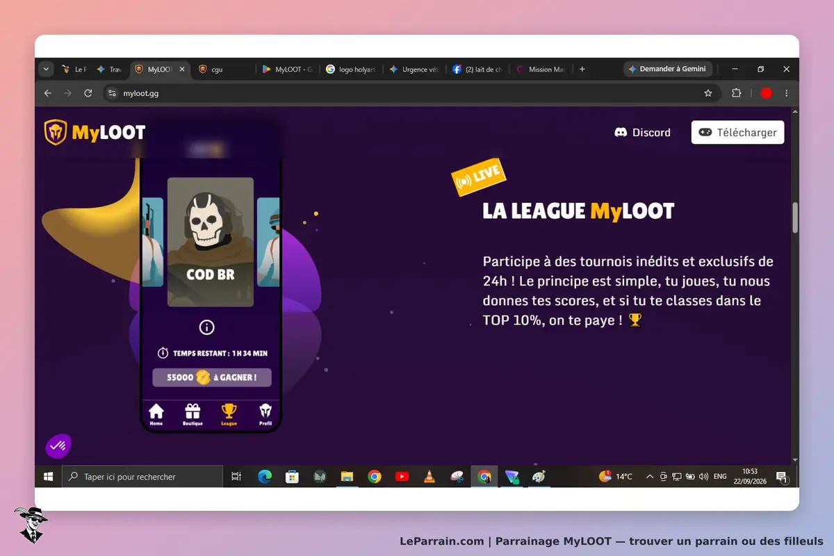 MyLOOT : page d'accueil présentant la Ligue avec un personnage et un compte à rebours