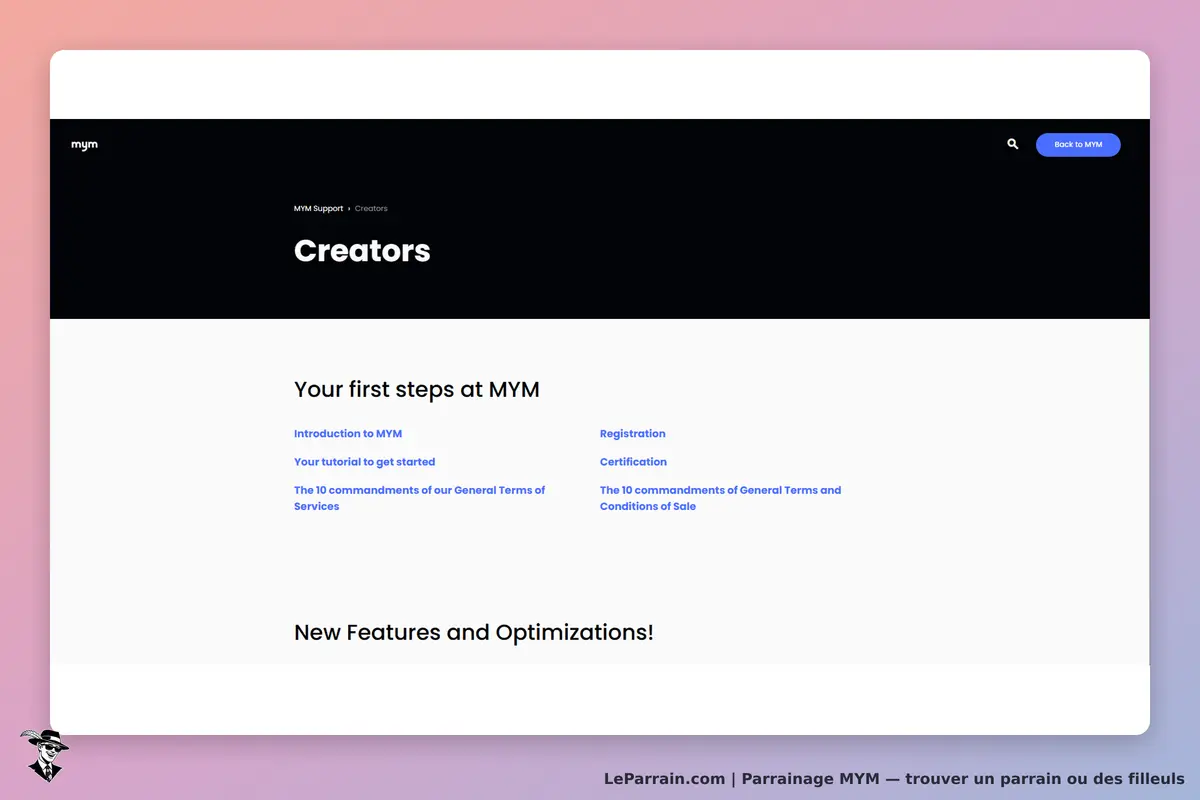 MYM : page d'accueil avec des liens pour les créateurs et des informations de support
