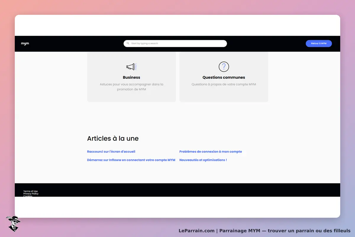 MYM : page d'accueil avec sections pour Business et Questions communes, articles à la une