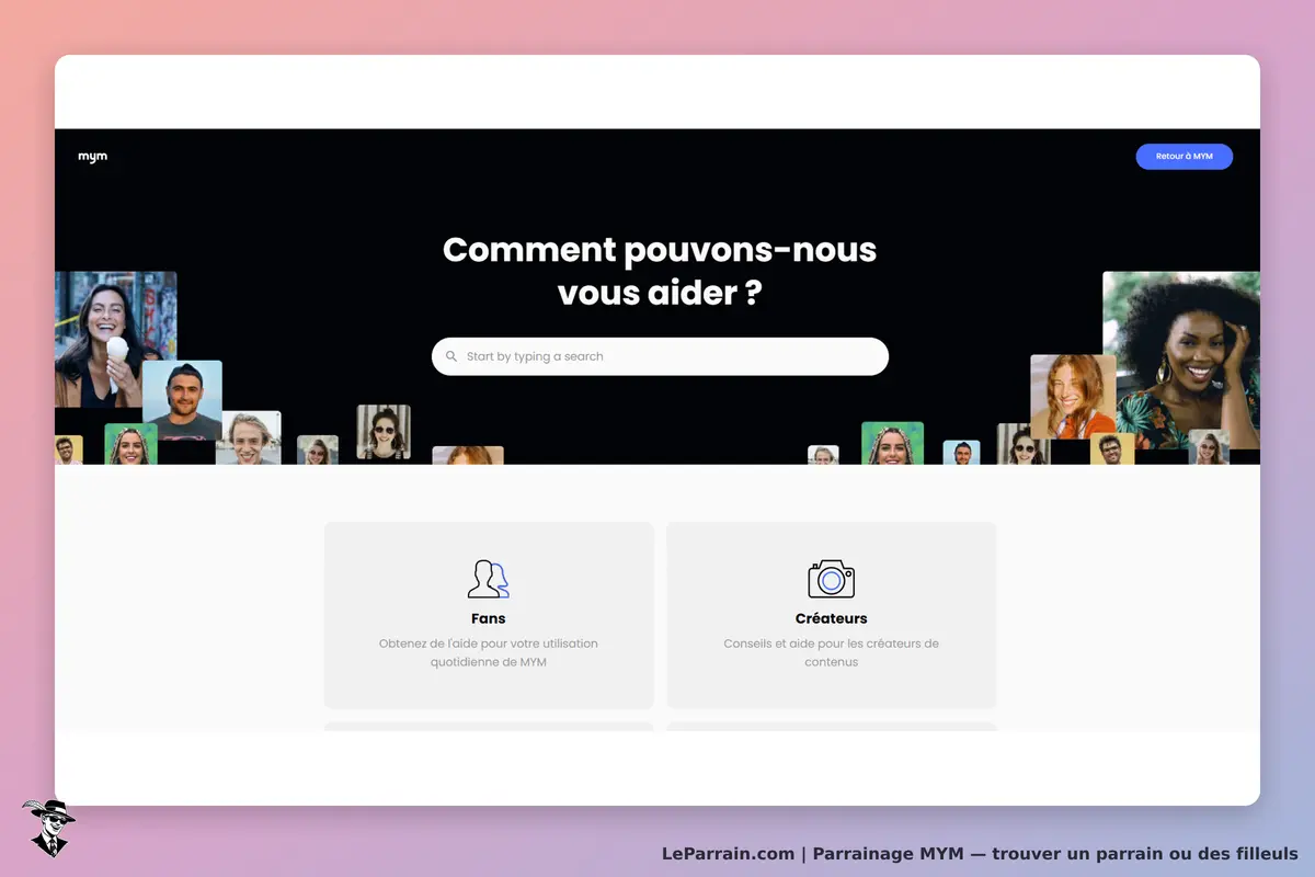 MYM : page d'accueil avec un moteur de recherche et des sections pour fans et créateurs