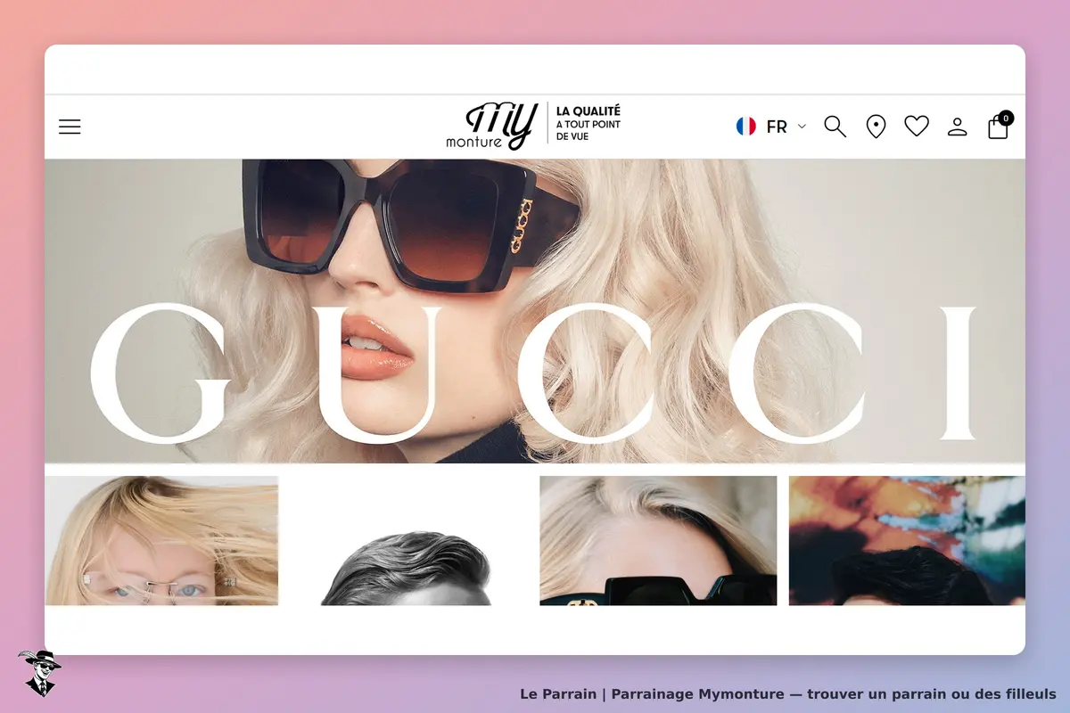 Mymonture : modèle de lunettes Gucci avec une femme aux cheveux blonds sur fond clair