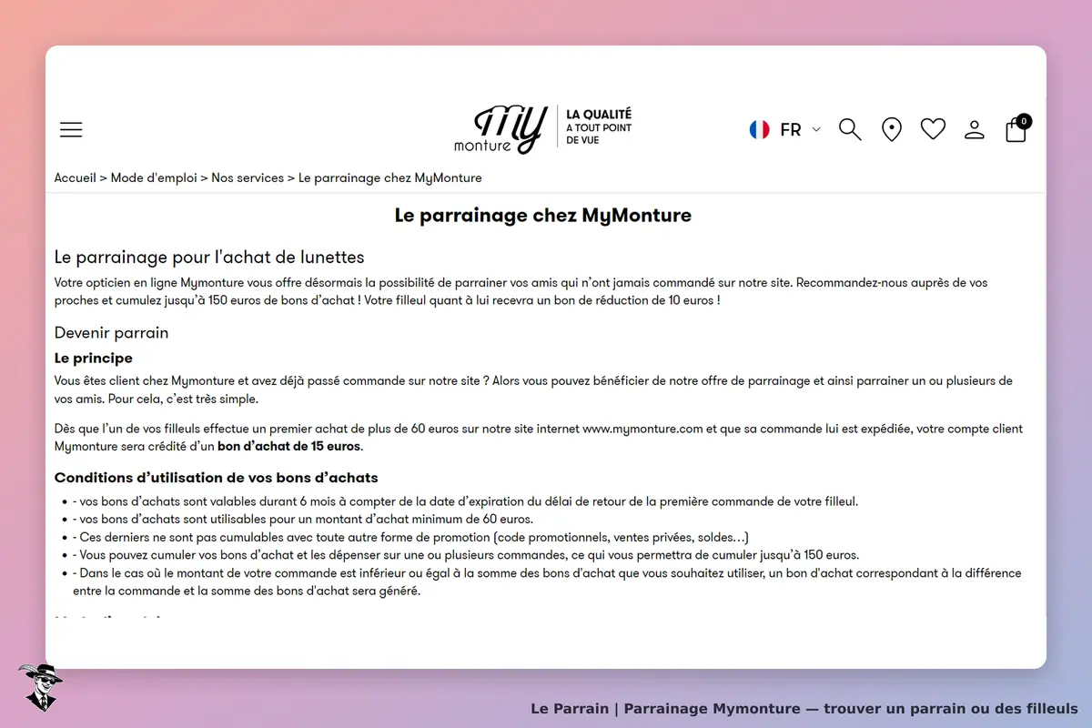 Mymonture : page sur le parrainage pour l'achat de lunettes avec explications et conditions