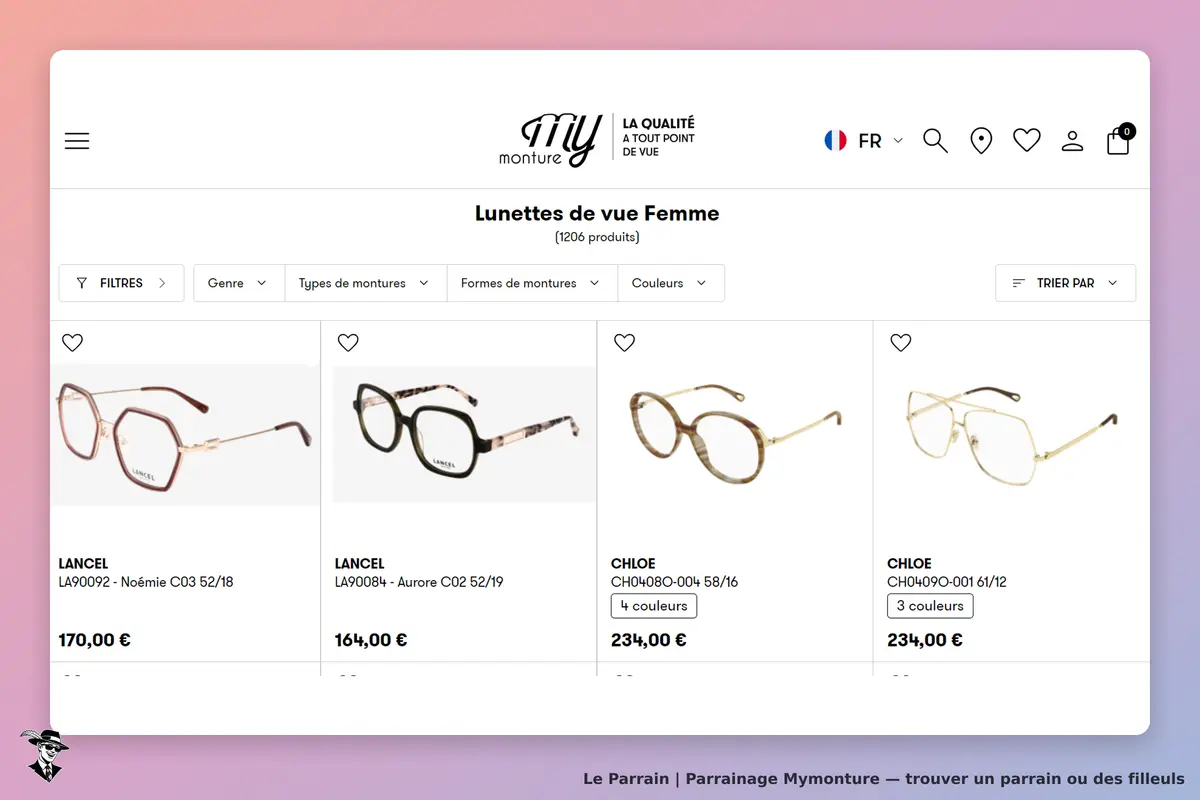 Mymonture : affichage de lunettes de vue pour femme avec options de filtrage et produits visibles
