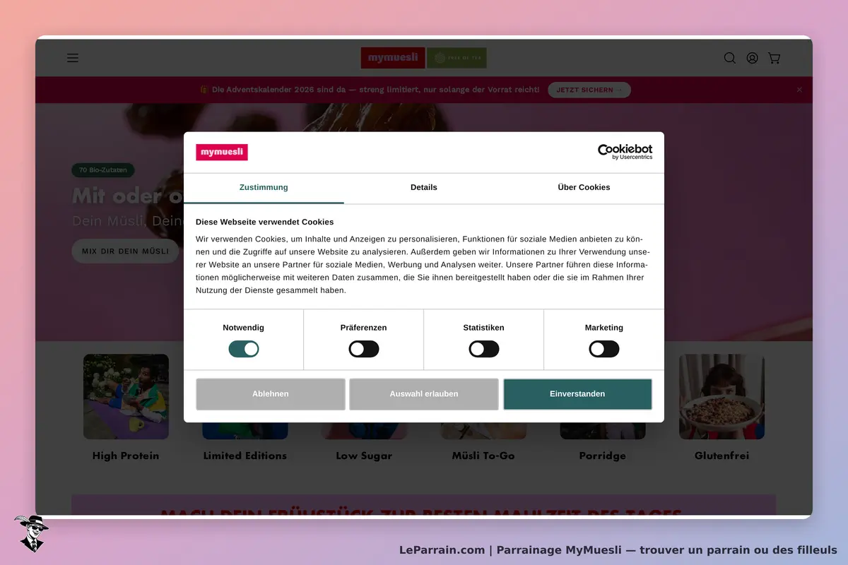 MyMuesli : fenêtre de consentement pour les cookies sur la page d'accueil du site