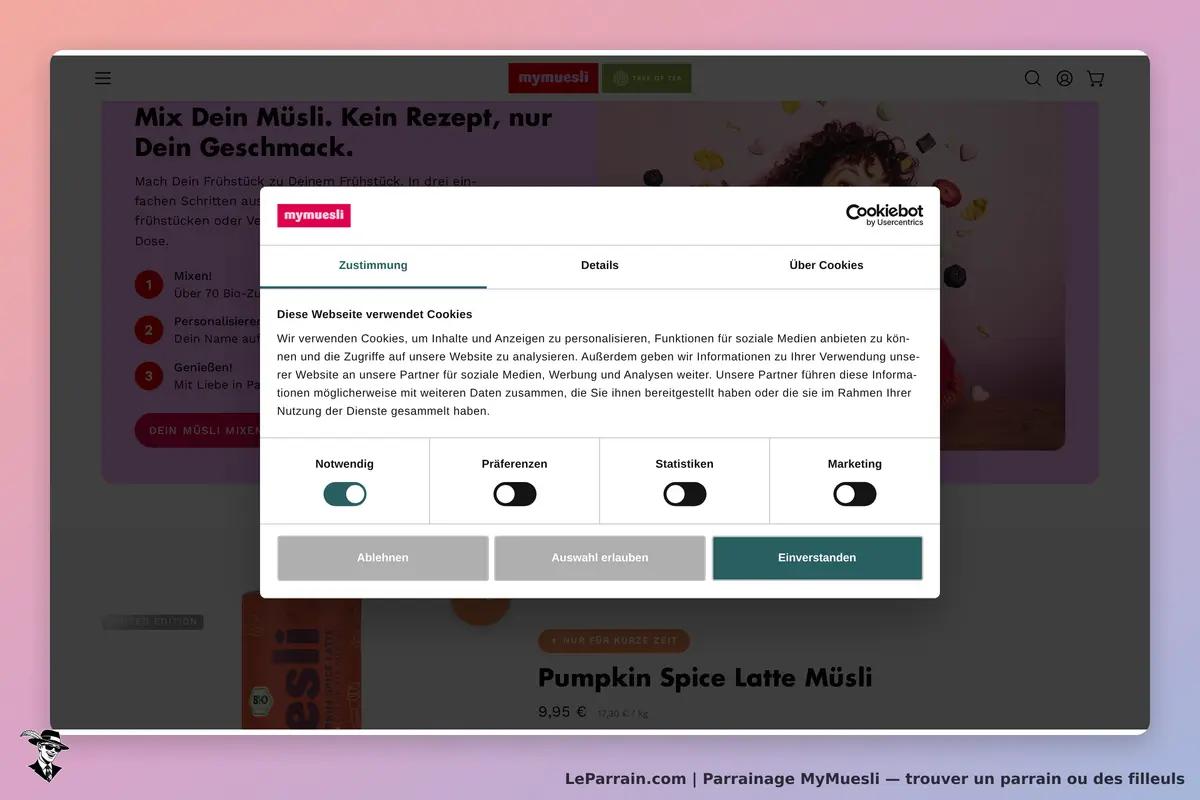 MyMuesli : page d'accueil avec un pop-up de consentement aux cookies et un produit affiché
