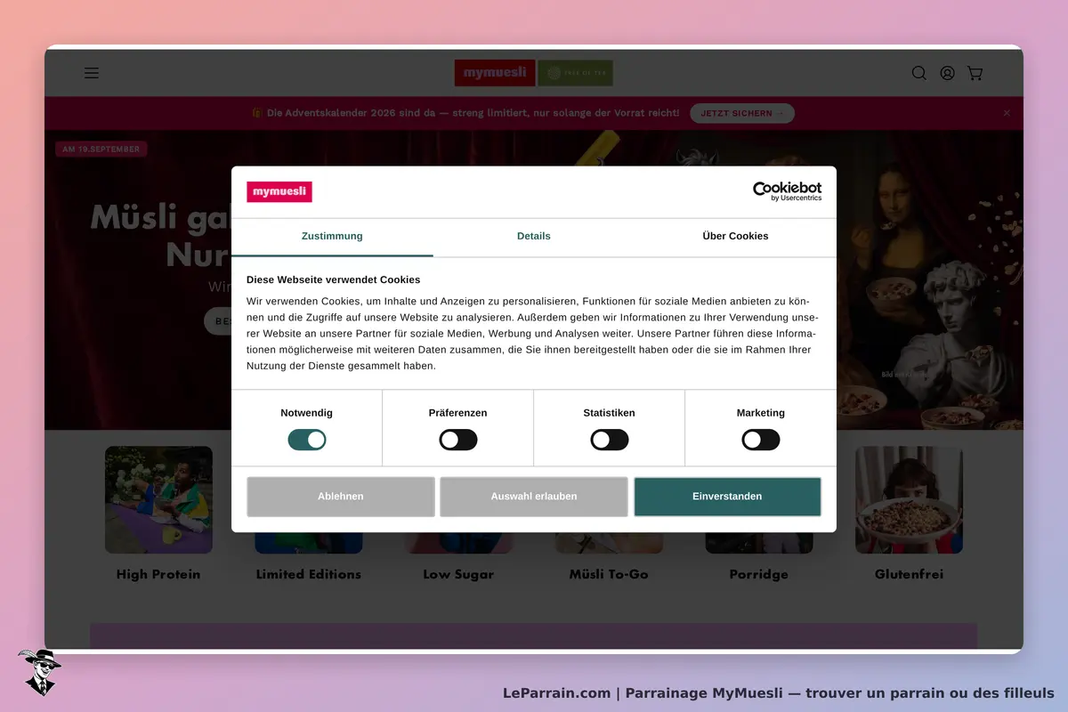 MyMuesli : fenêtre de consentement pour les cookies sur la page d'accueil du site