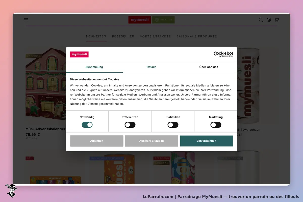 MyMuesli : fenêtre de consentement aux cookies sur la page d'accueil du site