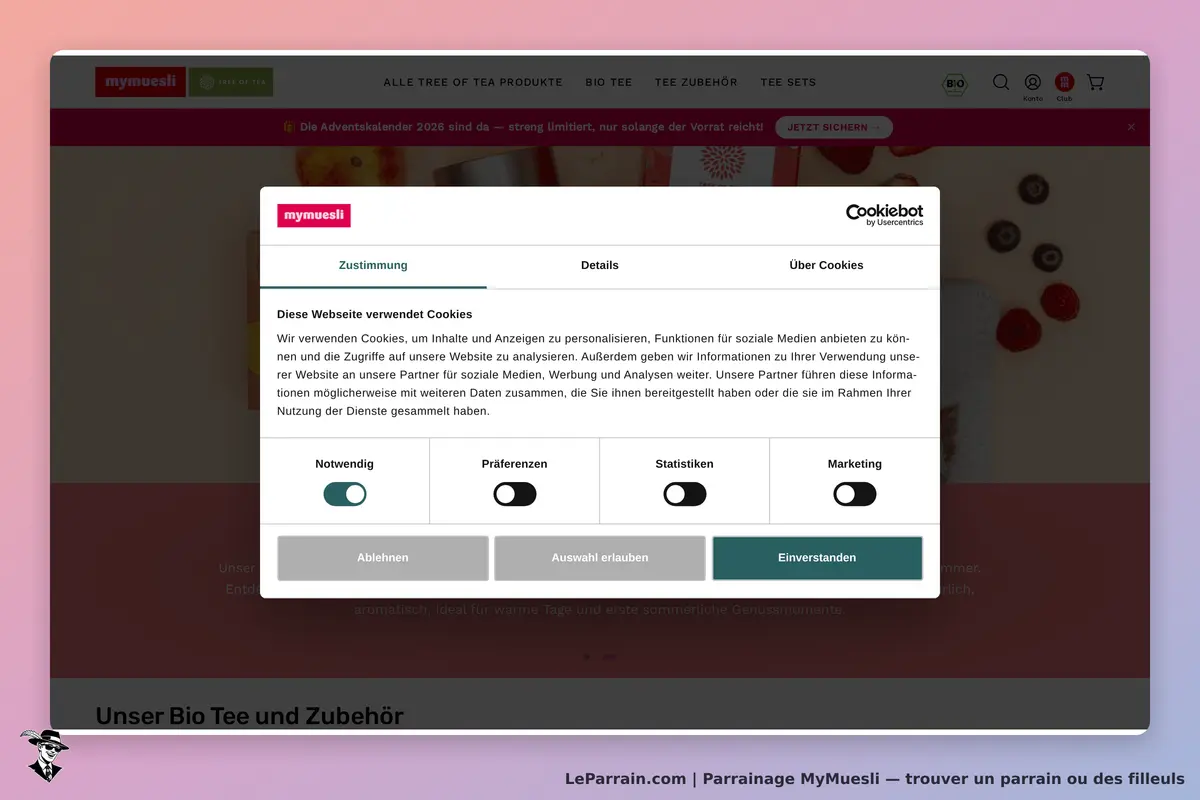 MyMuesli : fenêtre de consentement aux cookies sur fond coloré du site