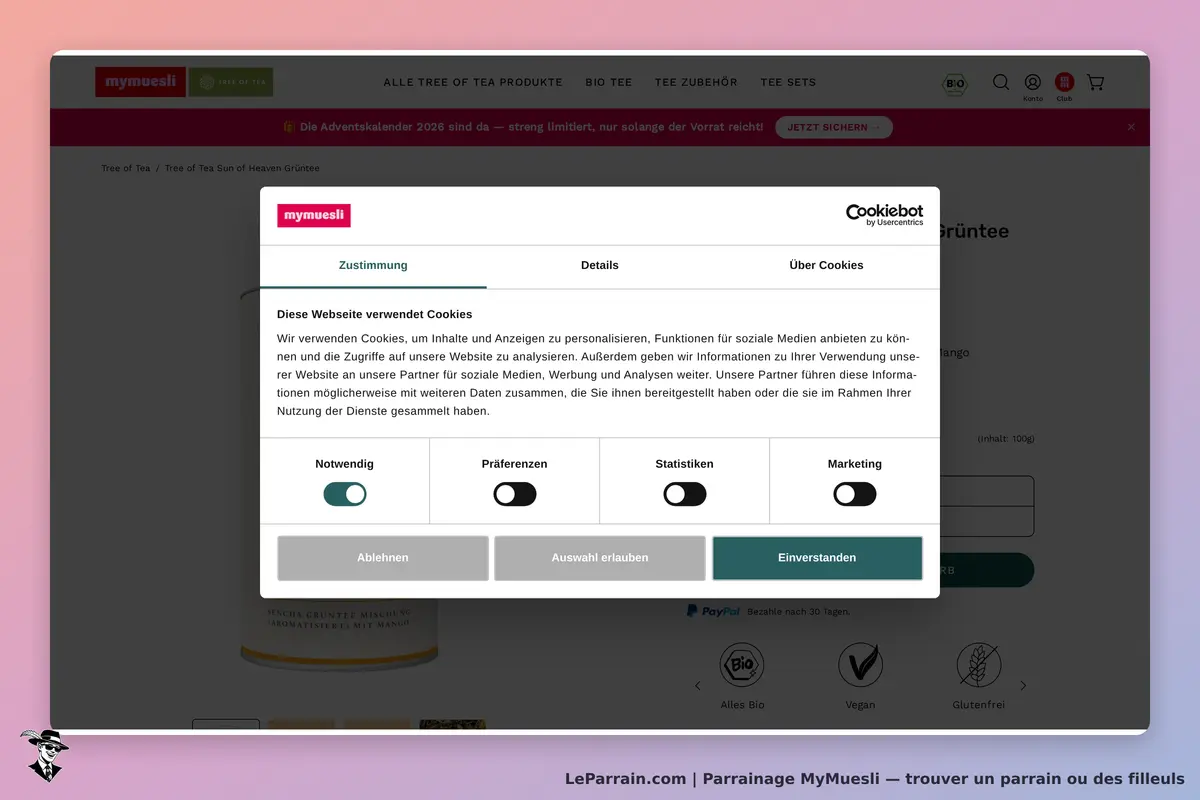 MyMuesli : fenêtre de consentement pour les cookies sur la page produit de thé
