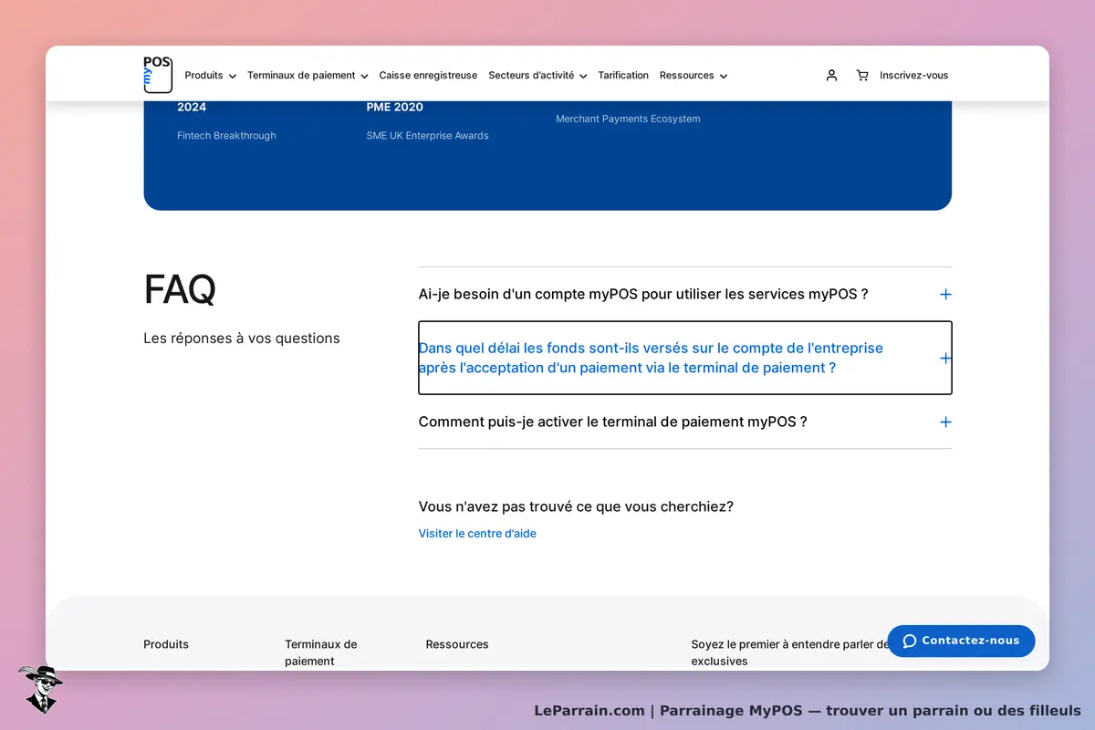 FAQ myPOS avec questions sur les services et délais de paiement.