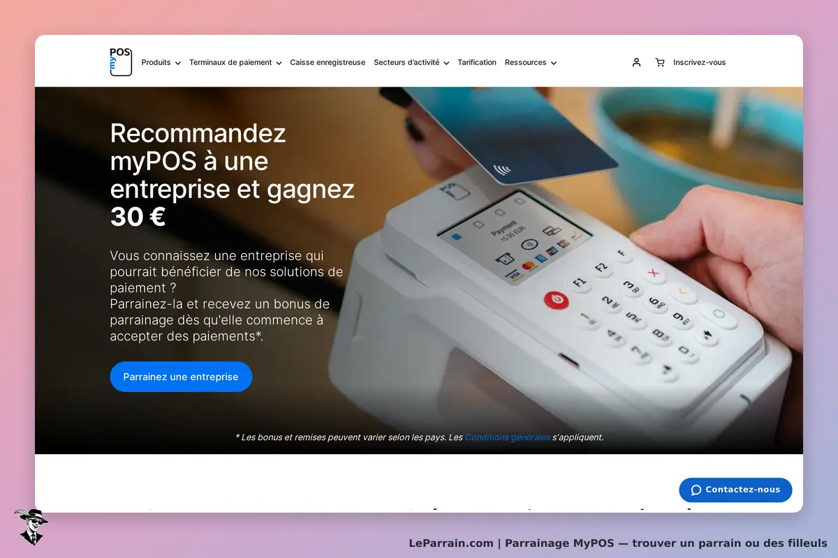 Capture d'écran de myPOS, promotion de parrainage pour gagner 30 €.