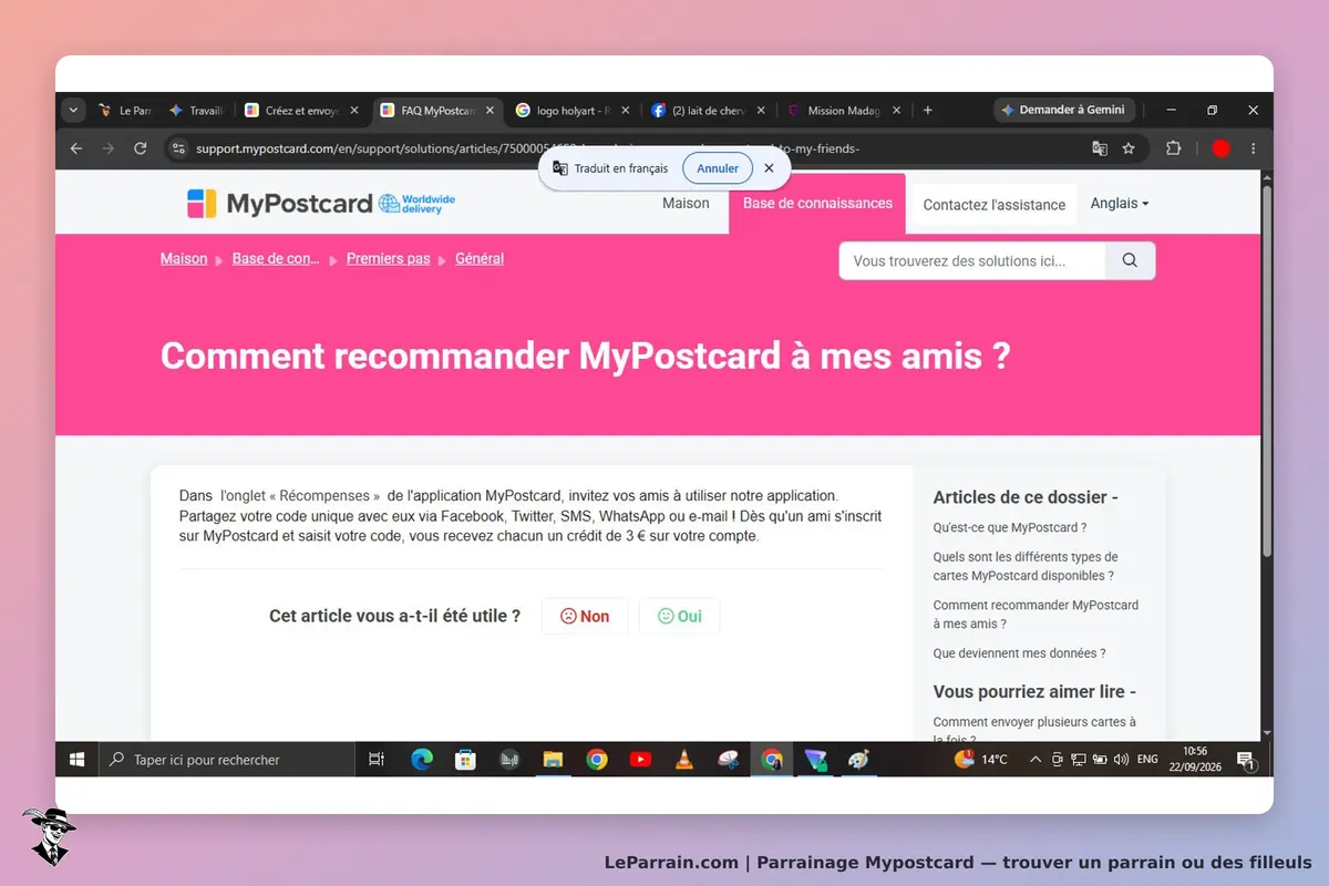 Mypostcard : page d'assistance sur la recommandation de l'application à des amis