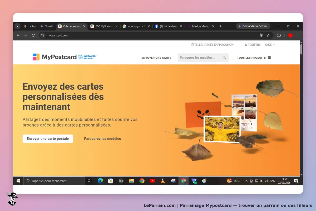 Mypostcard : page d'accueil avec cartes postales personnalisées et images de feuilles automnales