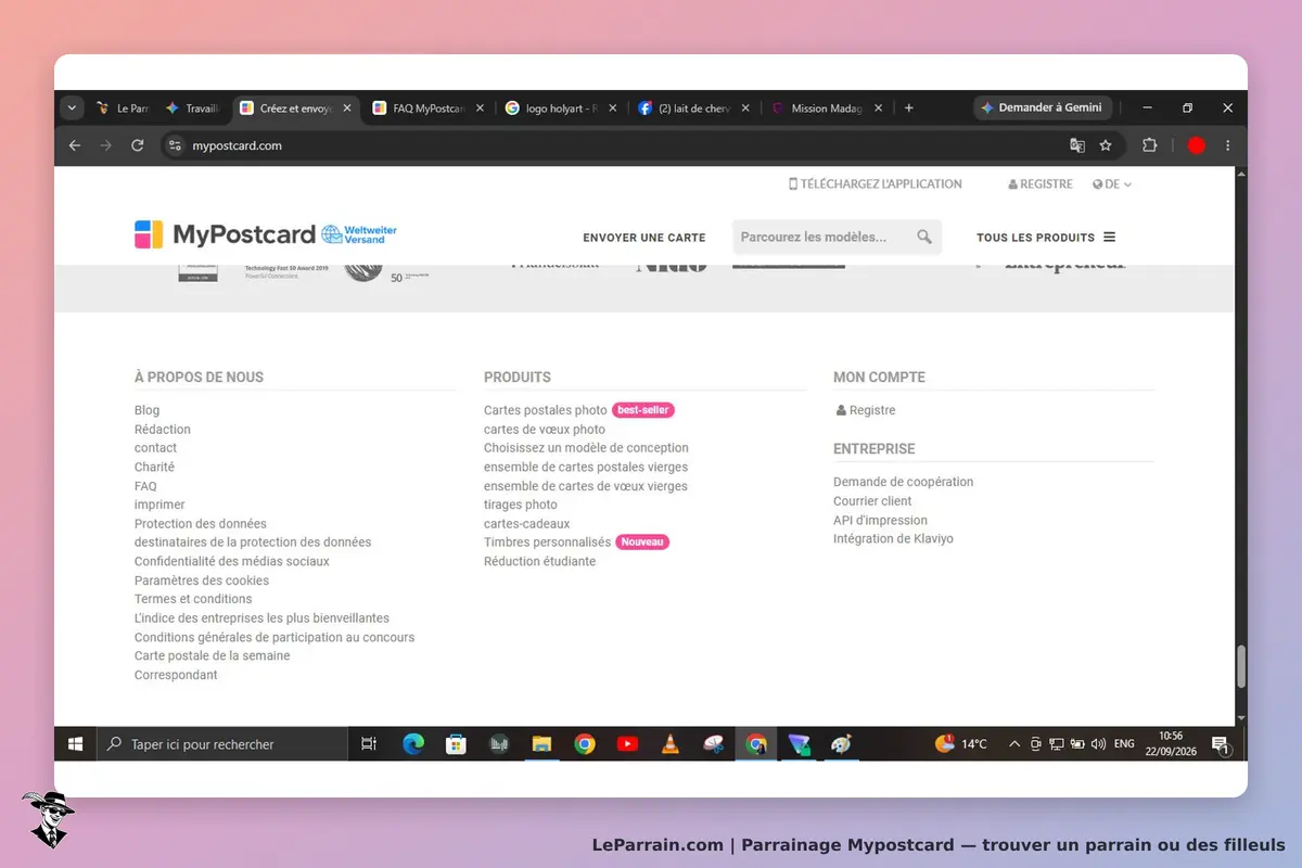 Mypostcard : page d'accueil avec menu et sections sur les produits et informations légales