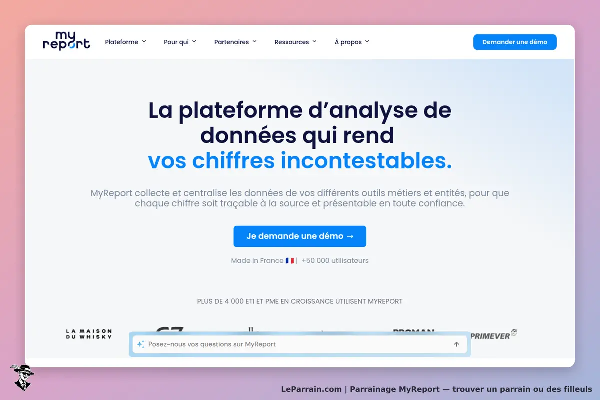 MyReport : page d'accueil présentant la plateforme d'analyse de données avec un bouton de démo