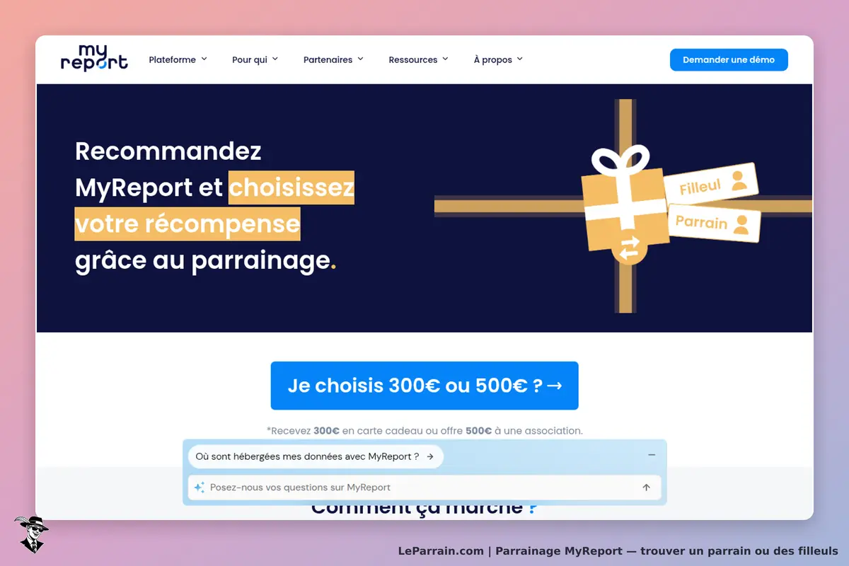 MyReport : page d'accueil avec un message sur le parrainage et un bouton pour choisir une