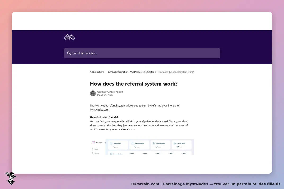 MystNodes : page d'aide expliquant le fonctionnement du système de parrainage