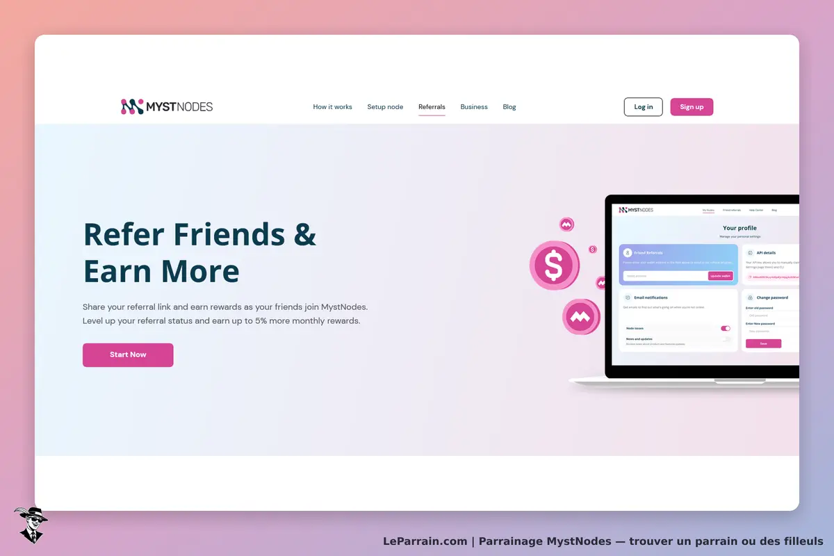 MystNodes : page d'accueil avec un message sur le parrainage et un aperçu du profil utilisateur