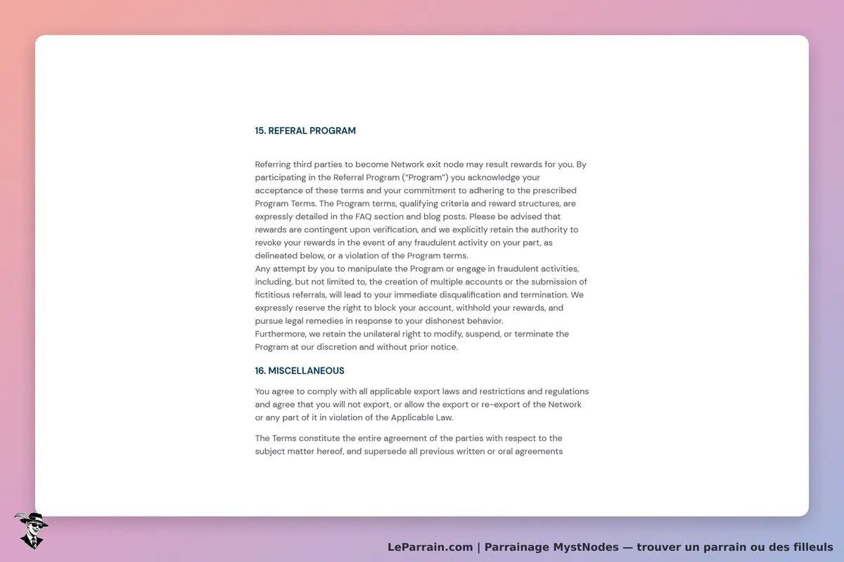 MystNodes : texte sur le programme de parrainage et conditions d'utilisation affichées