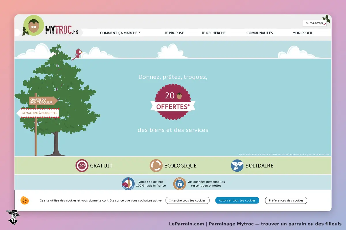 Mytroc : page d'accueil avec un arbre, texte sur le troc et options de cookies en bas