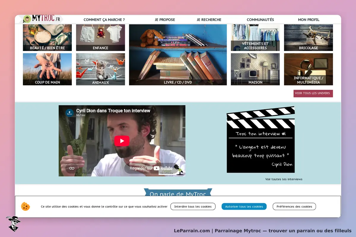Mytroc : page d'accueil avec catégories, vidéo d'interview et mentions sur le troc