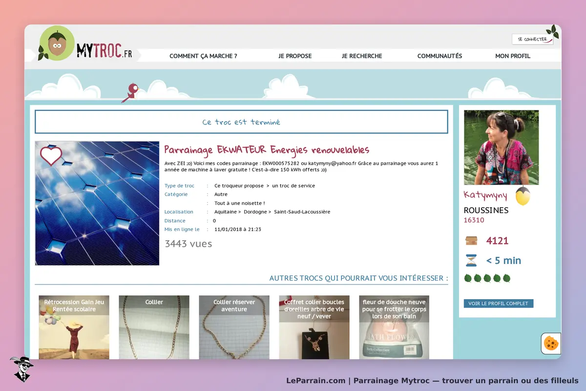 Mytroc : page de parrainage avec informations sur un troc et suggestions de produits similaires