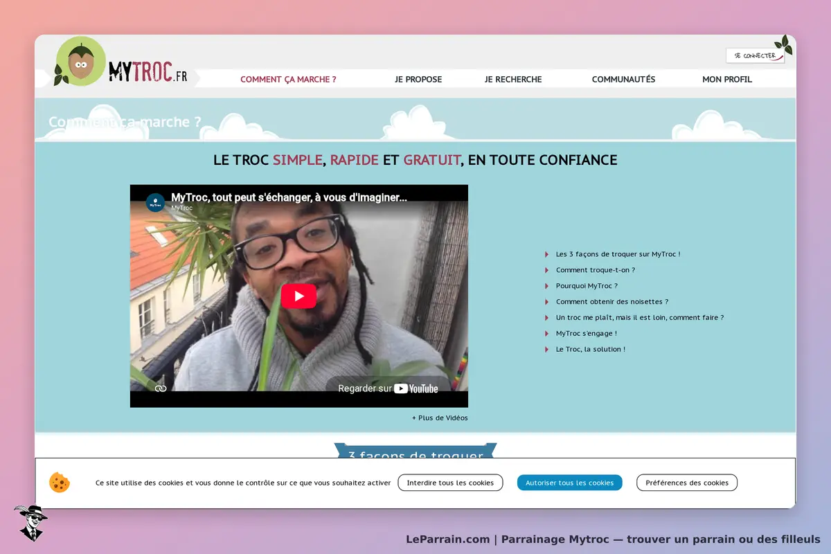 Mytroc : page d'accueil présentant un vidéo et des explications sur le fonctionnement du troc