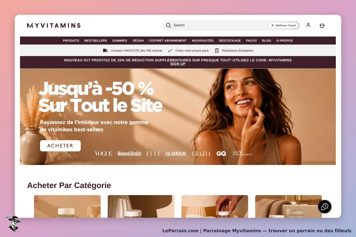 Myvitamins : page d'accueil avec une promotion sur les vitamines et des catégories d'achat