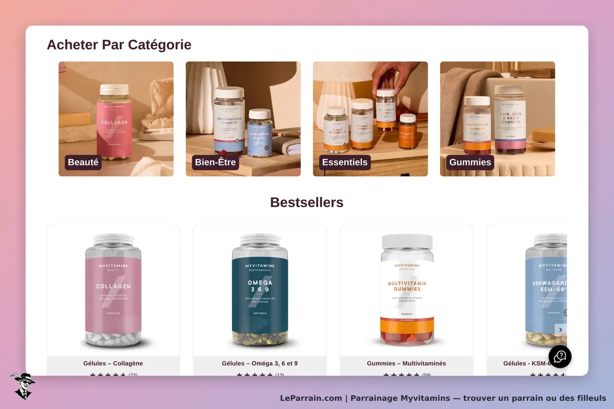 Myvitamins : page d'accueil avec catégories et bestsellers de produits de santé et bien-être