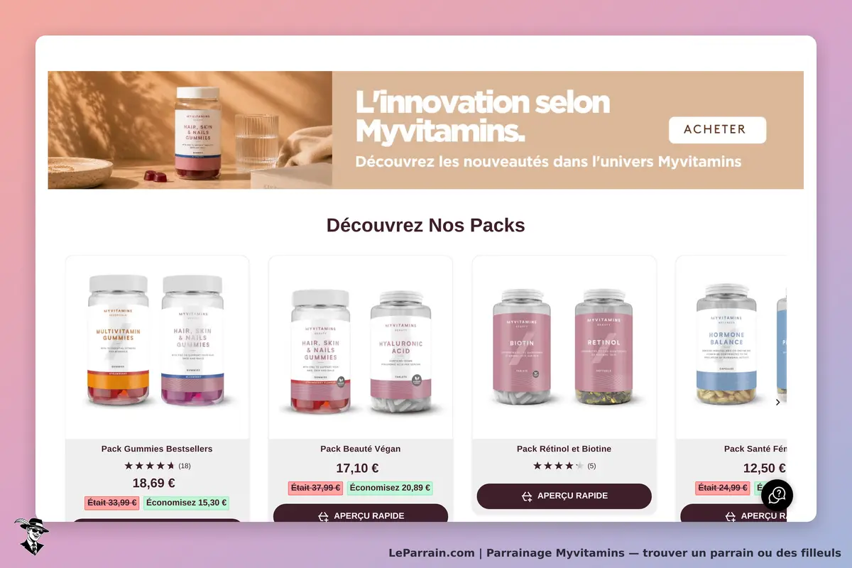 Myvitamins : page d'accueil présentant divers packs de vitamines et compléments alimentaires