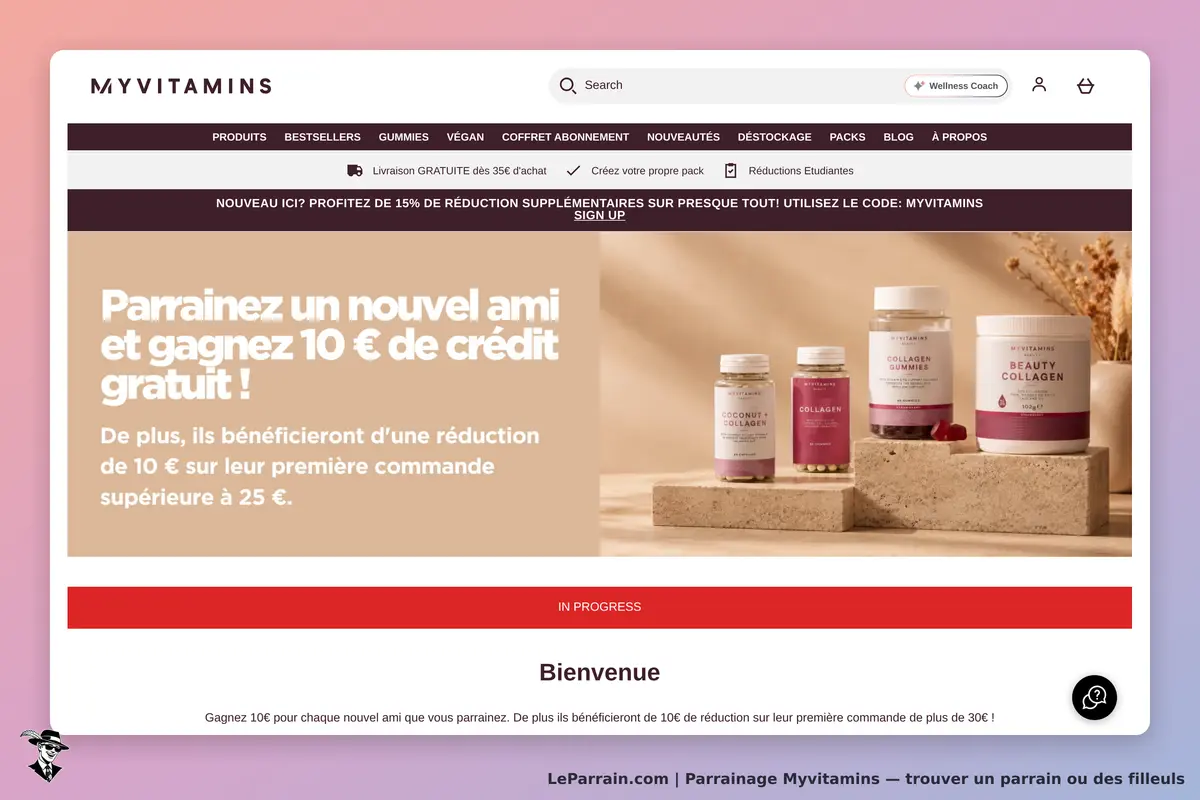 Myvitamins : page d'accueil avec produits de santé et message de parrainage en surimpression