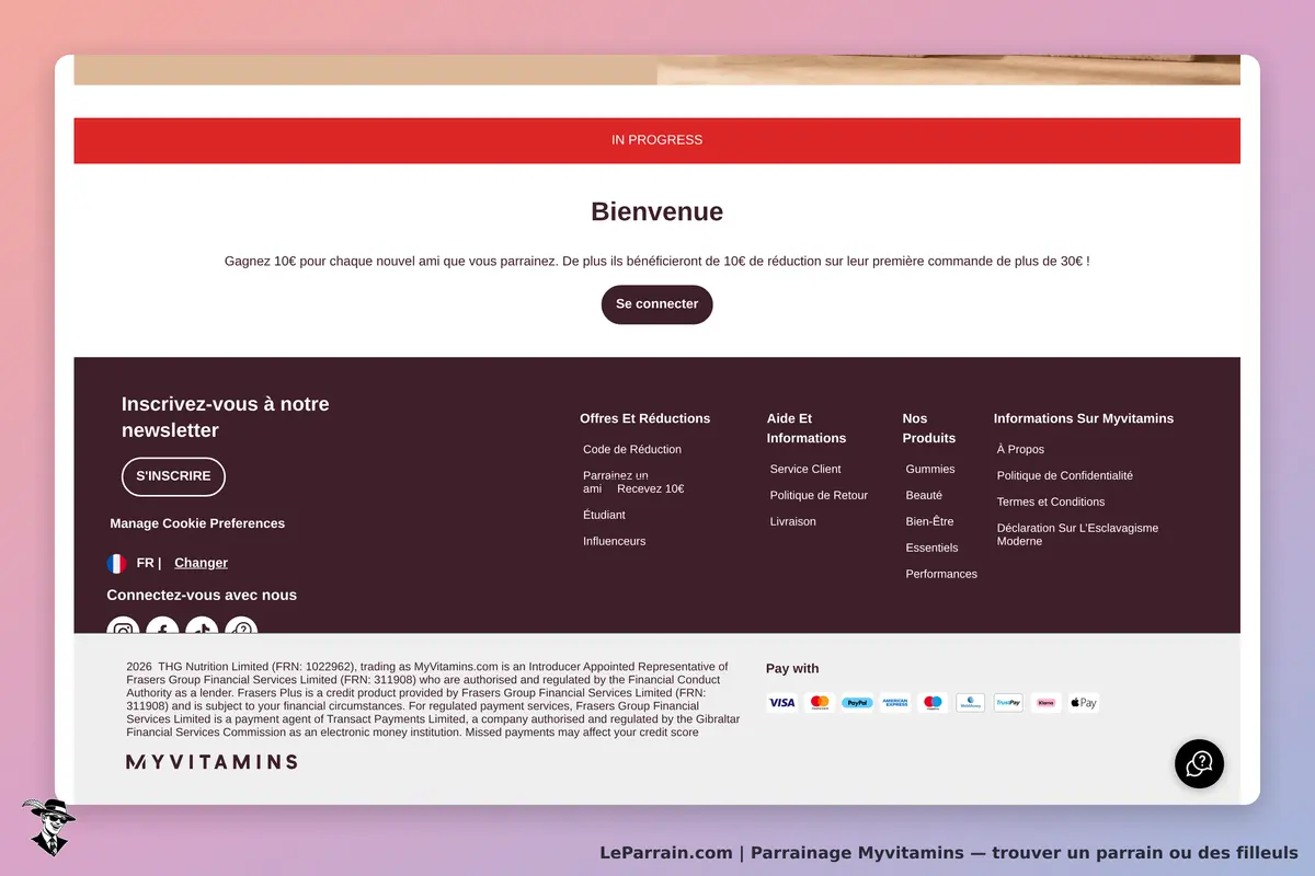 Myvitamins : page d'accueil avec message de bienvenue et options d'inscription à la newsletter
