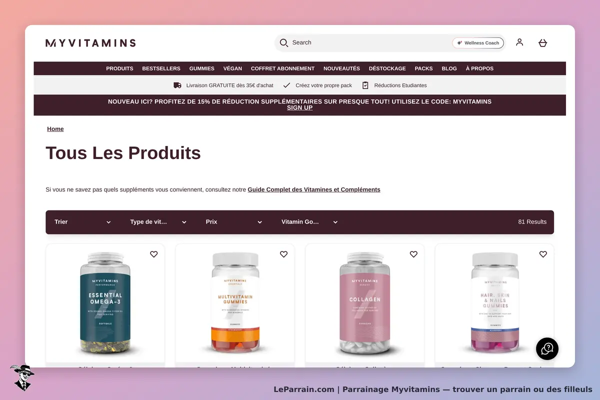 Myvitamins : page affichant tous les produits avec plusieurs flacons de suppléments