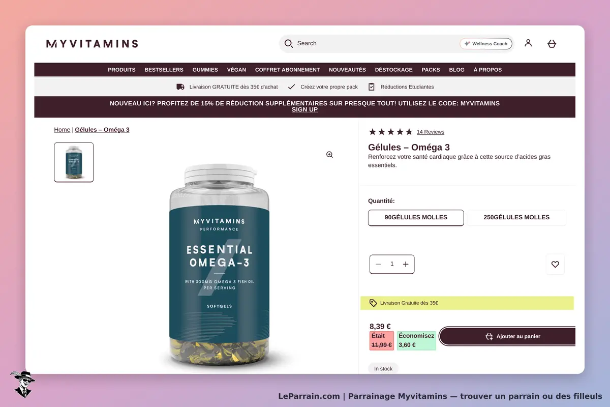 Myvitamins : affichage du produit "Gélules - Oméga 3" avec image et options de quantité