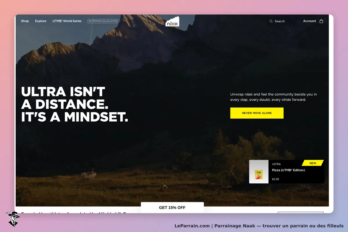 Naak : page d'accueil avec un message inspirant et un produit affiché en bas à droite