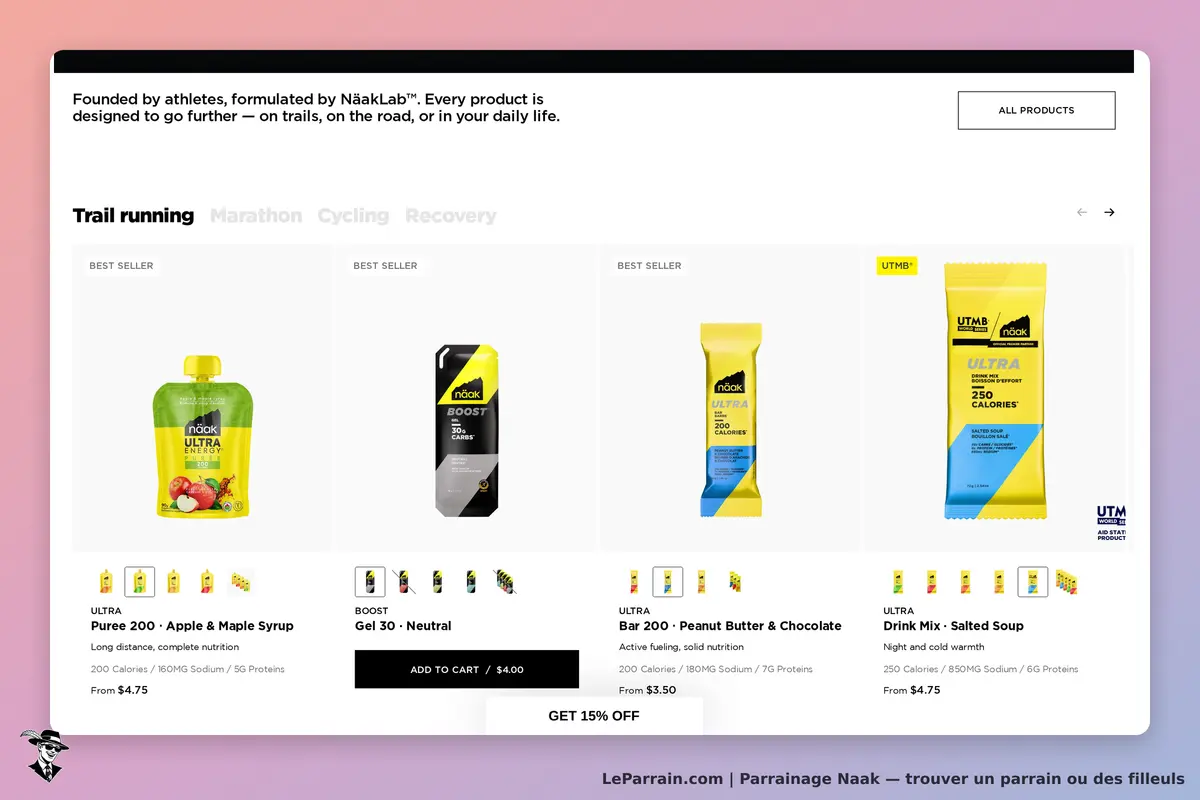 Naak : page d'accueil affichant des produits énergétiques et nutritionnels pour sportifs