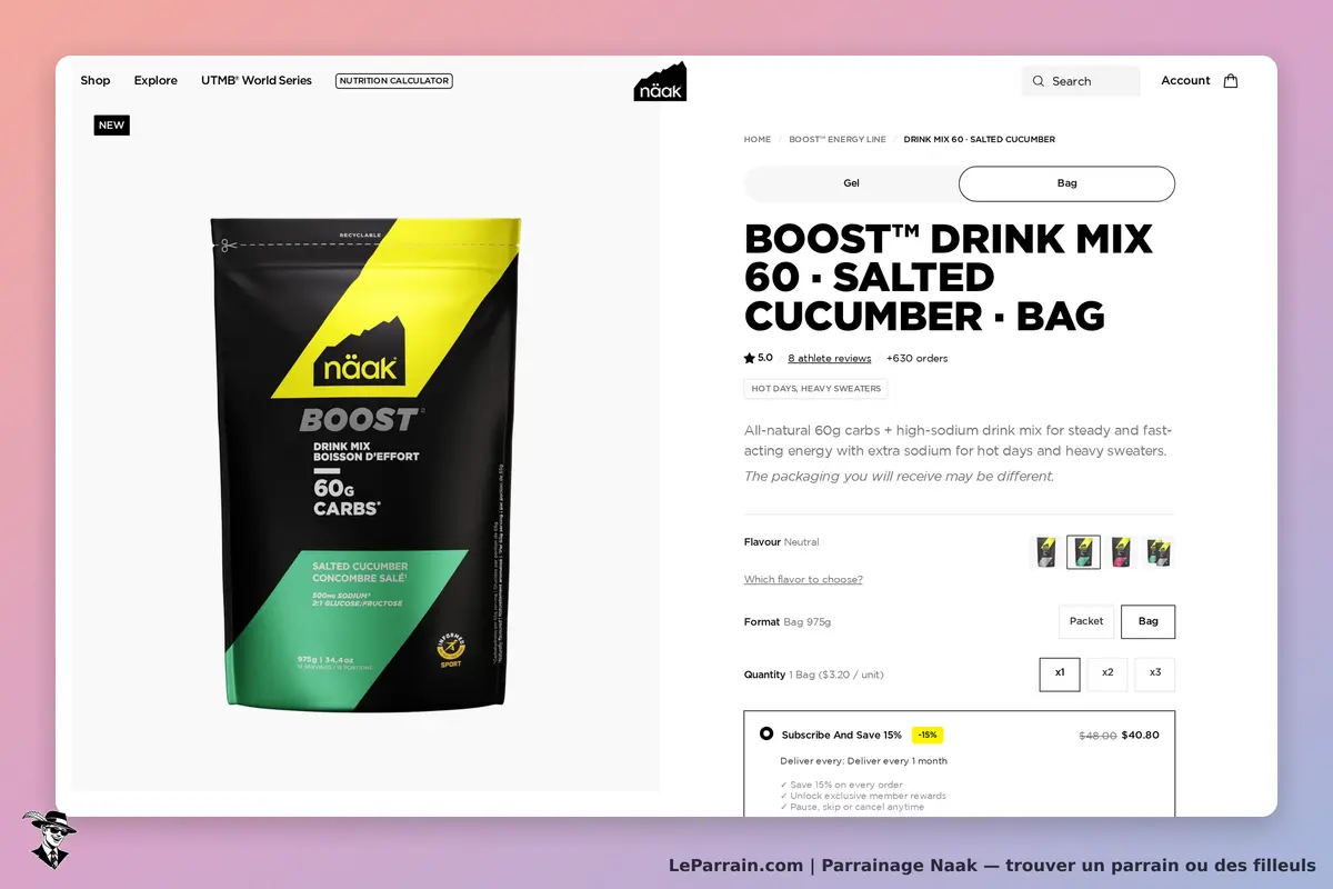 Naak : sachet de boisson "BOOST" au concombre salé, informations produit à droite