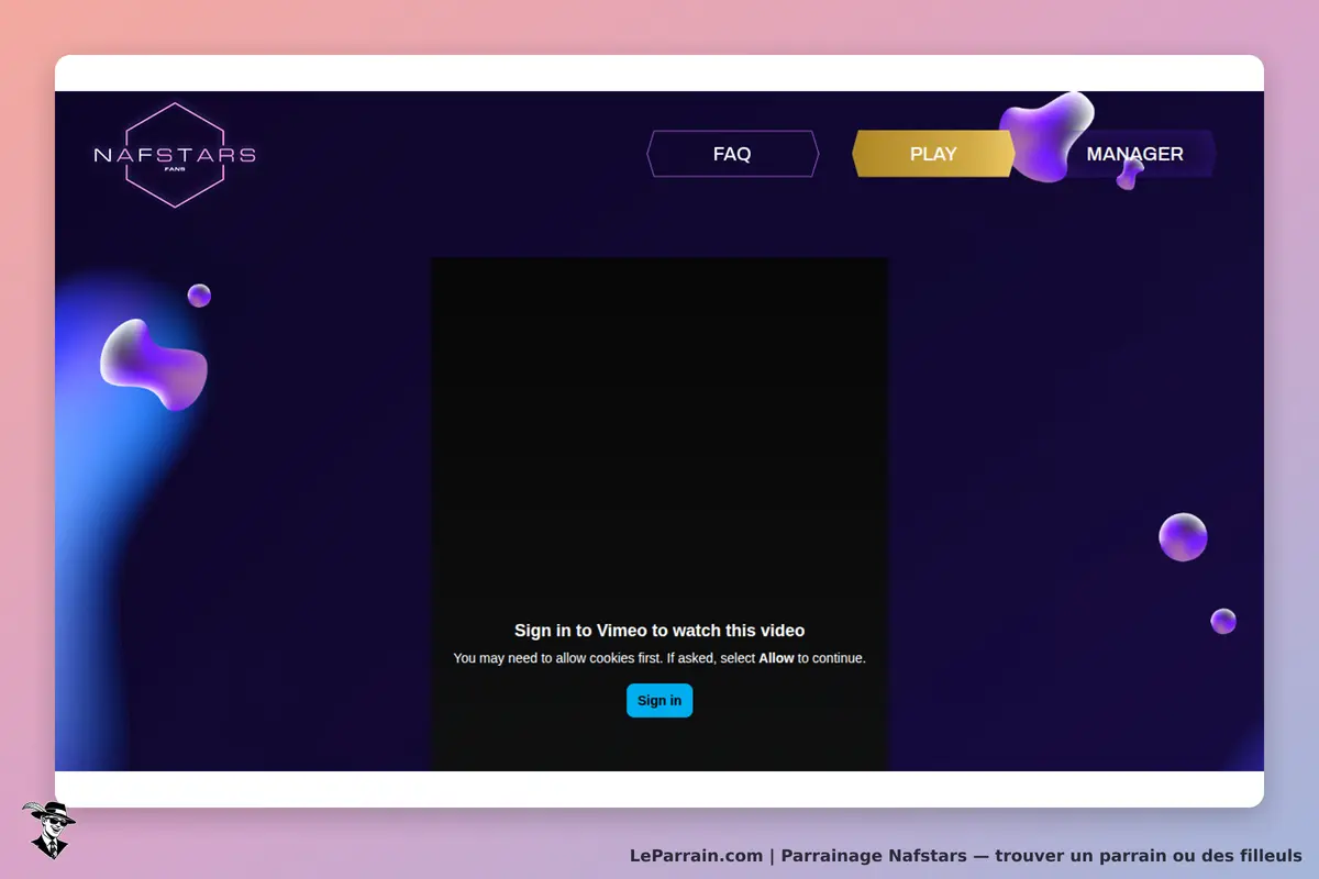 Nafstars : page d'accueil avec un message pour se connecter à Vimeo pour visionner une vidéo