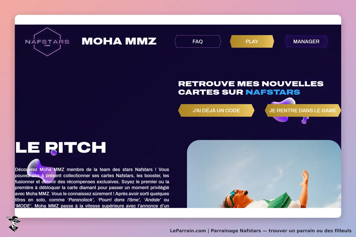 Nafstars : page d'accueil avec présentation de Moha MMZ et boutons d'action