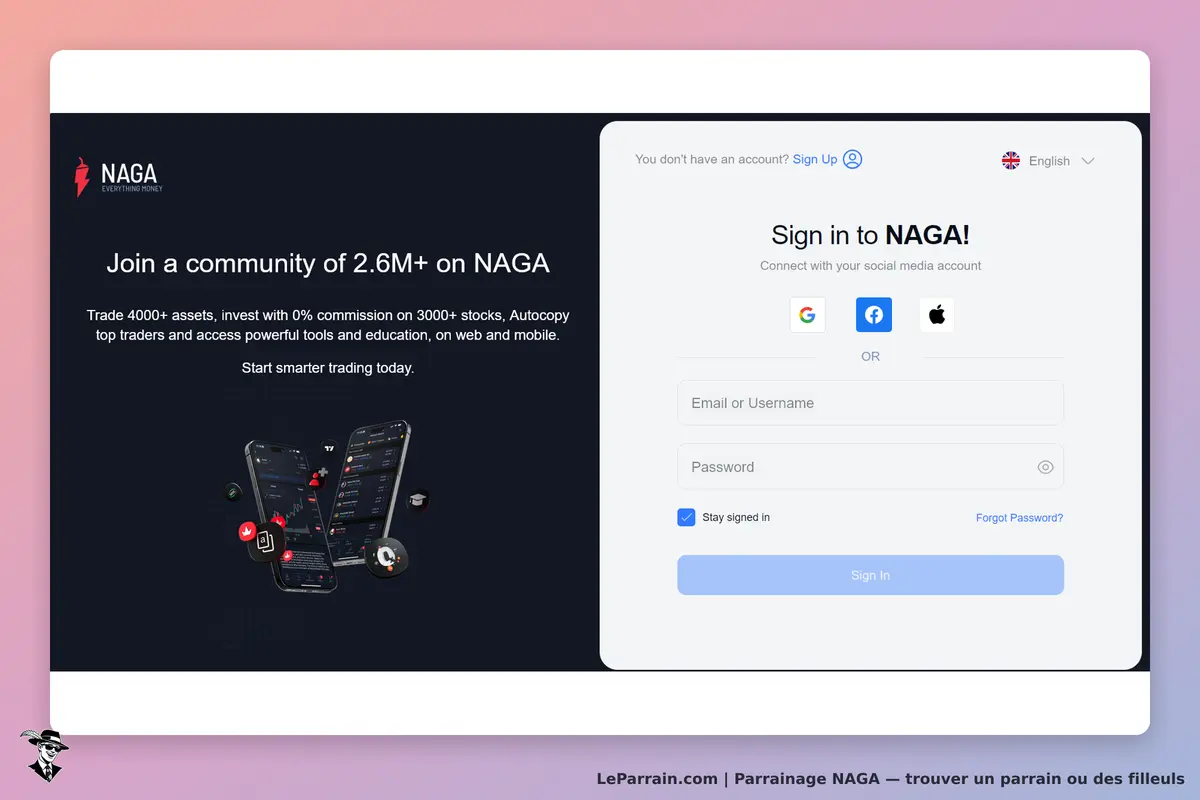 NAGA : page d'accueil avec option de connexion et présentation d'une application mobile